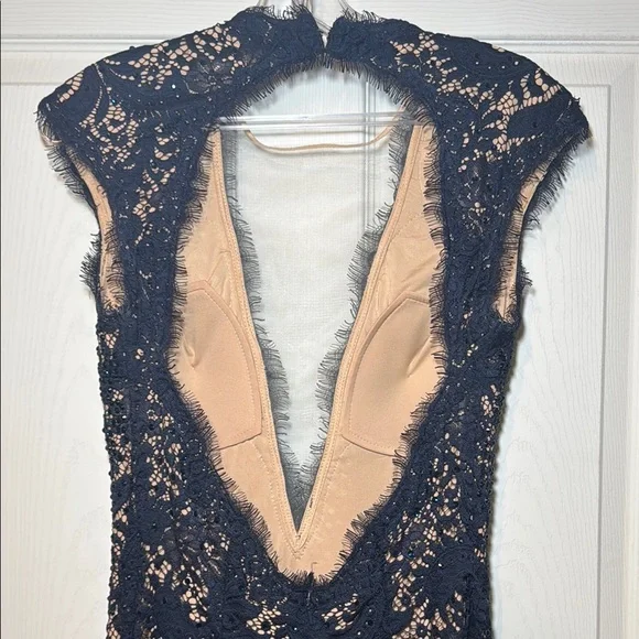 Navy Blue Evening Gown Nude Lining with Lace Overtop Beaded Plunging Neckline - Picture 7 of 16